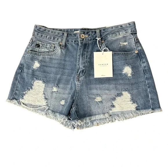 Kancan Women’s Renee High Rise Medium Wash Denim Distressed Boho Shorts Size 7 - Picture 3 of 15